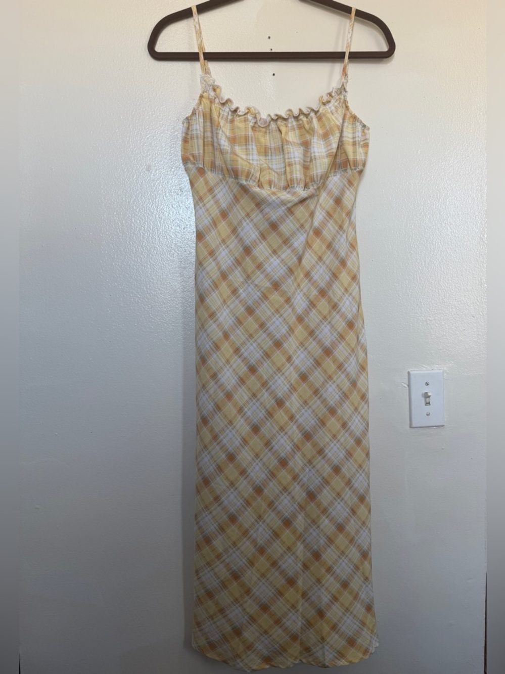 Yellow Plaid Midi Slip Dress with Ruffle Neckline